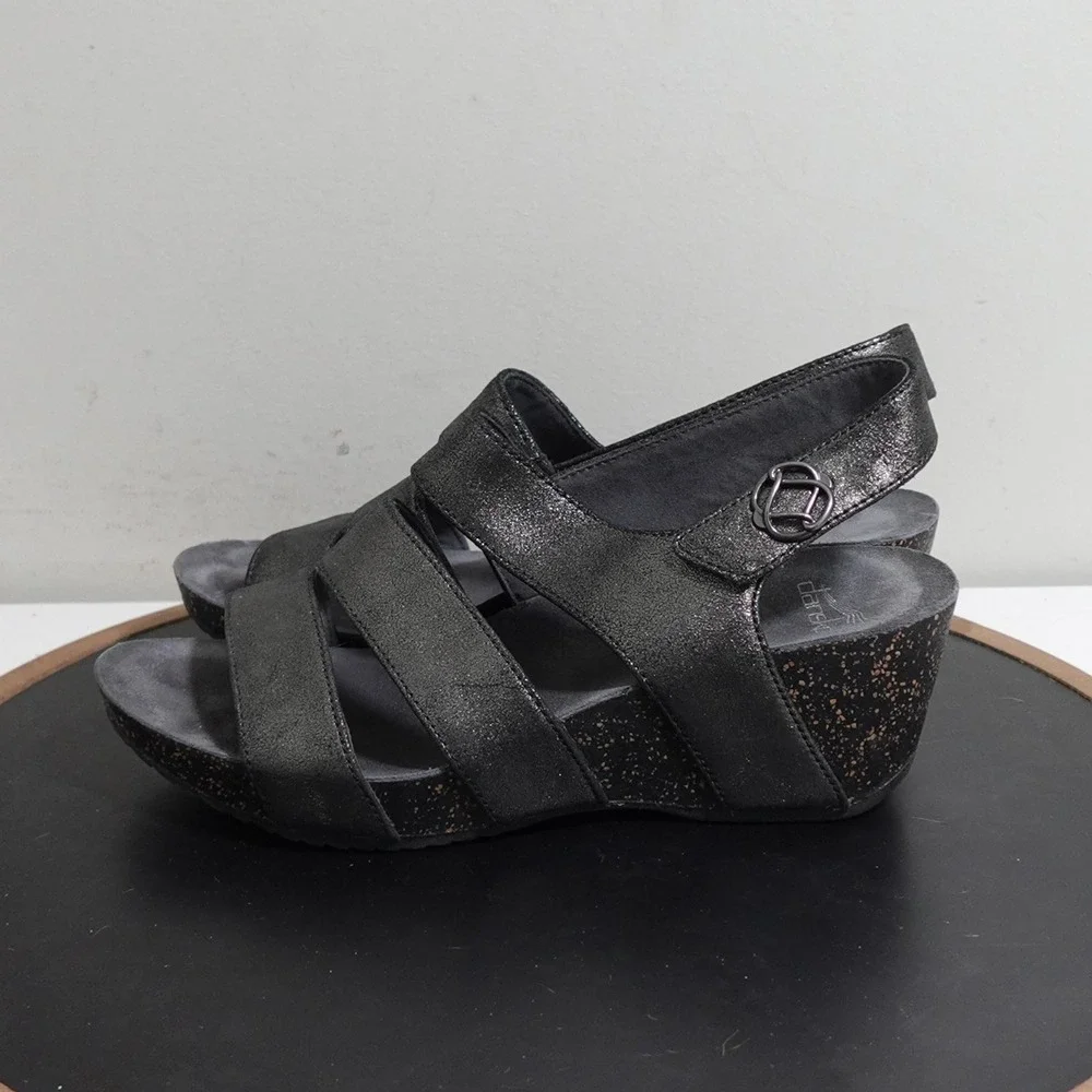 Dansko‎ Brandi Wedge Sandals Women 38 7.5-8 Metallic Black Leather Comfort Dress